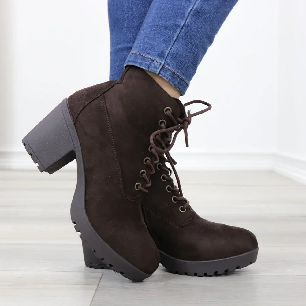 Brown Faux Suede Lace-Up Lug Chunky Block High Heel Ankle Boots - Picture 5 of 12